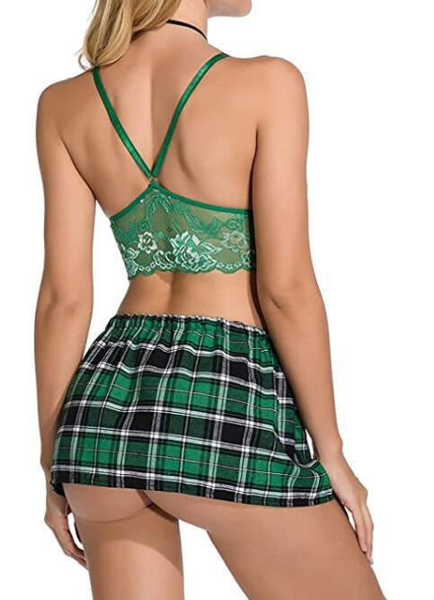 Green Cute Schoolgirl Cosplay Lingerie Set, Plaid Skirt & Lace Top with Necktie