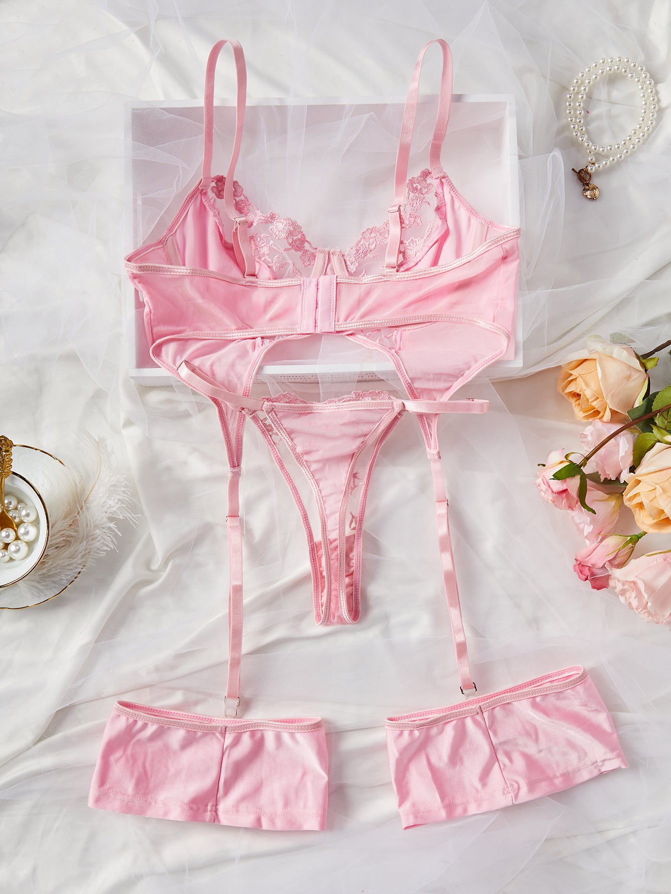Pink 3-Piece Lace Lingerie Set - Sheer Mesh Bodysuit with Garter Belt