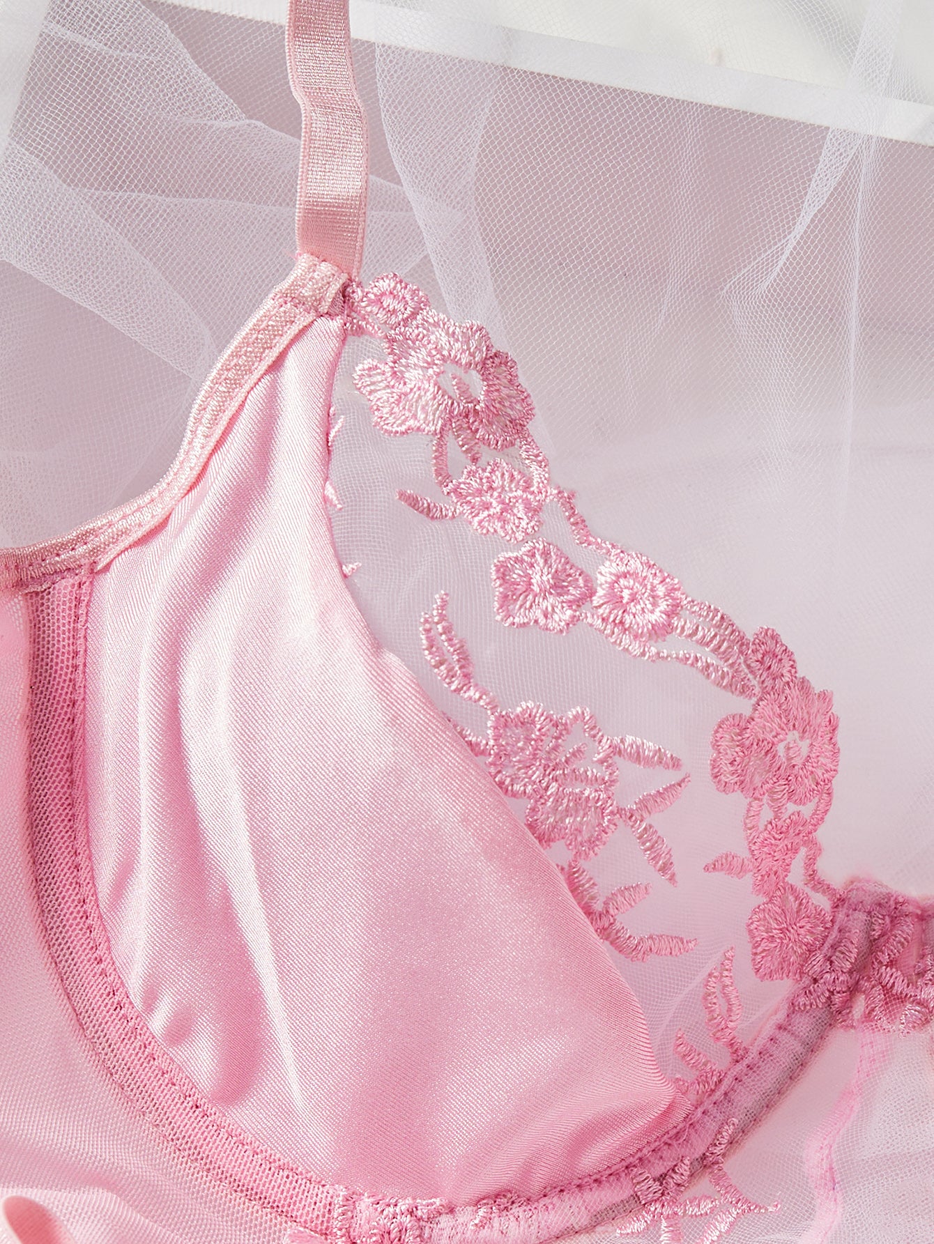 Pink 3-Piece Lace Lingerie Set - Sheer Mesh Bodysuit with Garter Belt
