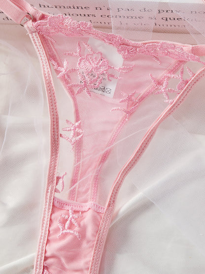 Pink 3-Piece Lace Lingerie Set - Sheer Mesh Bodysuit with Garter Belt