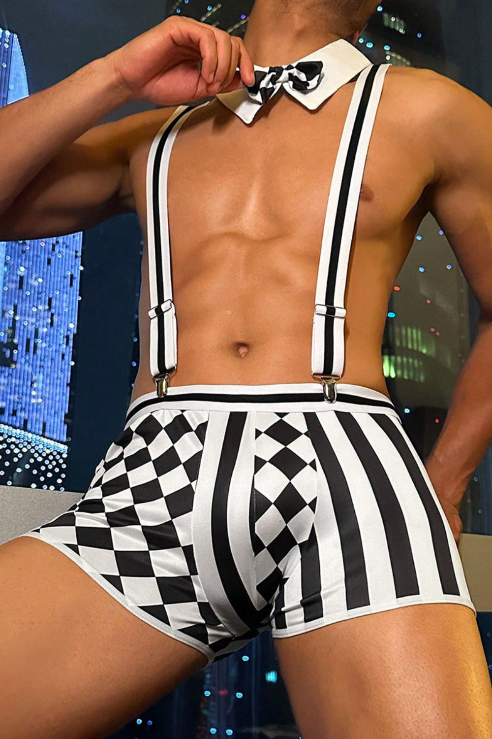 Black Men's Butler Roleplay Lingerie Set, Checkered Suspender Shorts with Bow Tie Collar