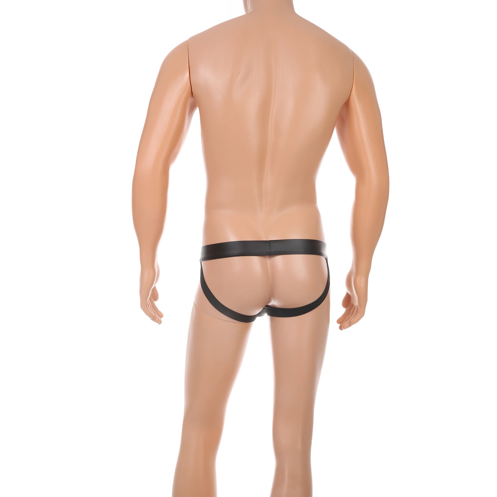 Black Men's Faux Leather Detachable Rivet Thong, Low-Rise U-Pouch Underwear