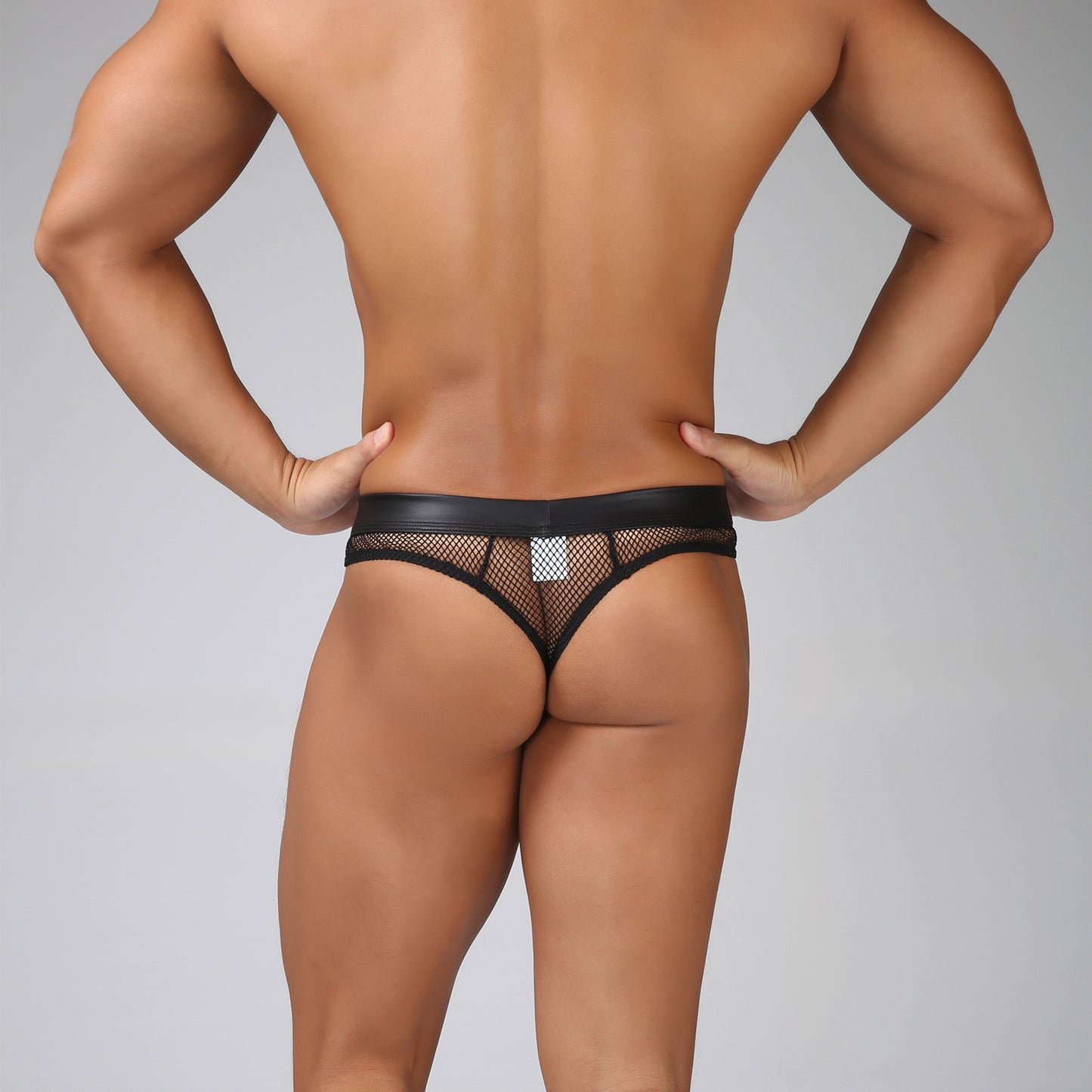 Black Men's Faux Leather & Mesh Panel Thong, Low-Rise Sheer U-Pouch T-Back Underwear