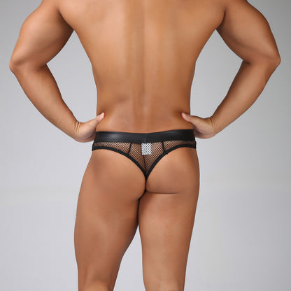 Black Men's Faux Leather & Mesh Panel Thong, Low-Rise Sheer U-Pouch T-Back Underwear