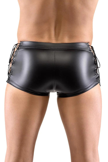 Black Men's Faux Leather Zippered Boxer Briefs, Lace-Up Sides