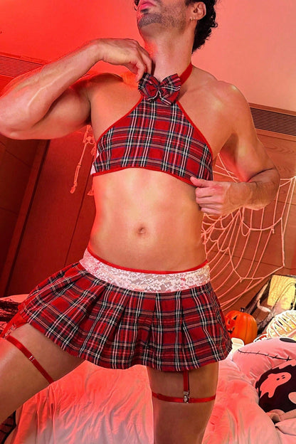 Red Men's JK Uniform Lingerie Set, Red Plaid Halter Top with Lace Trim Mini Skirt