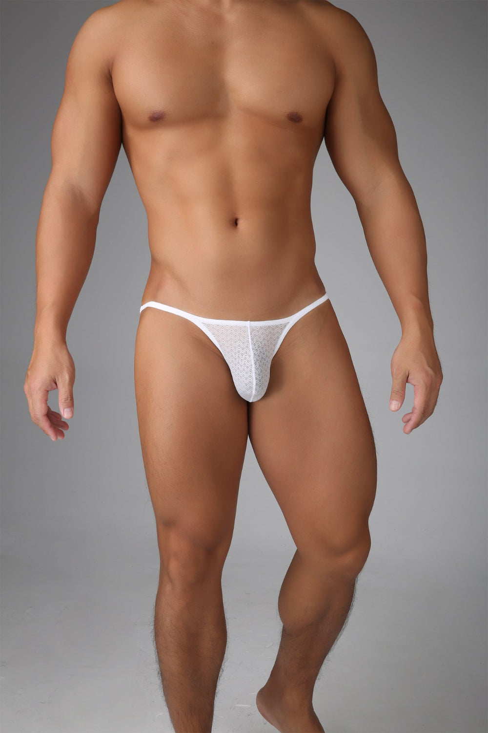 White Men's Lace High-Cut Briefs, Breathable Watermark Pattern Underwear