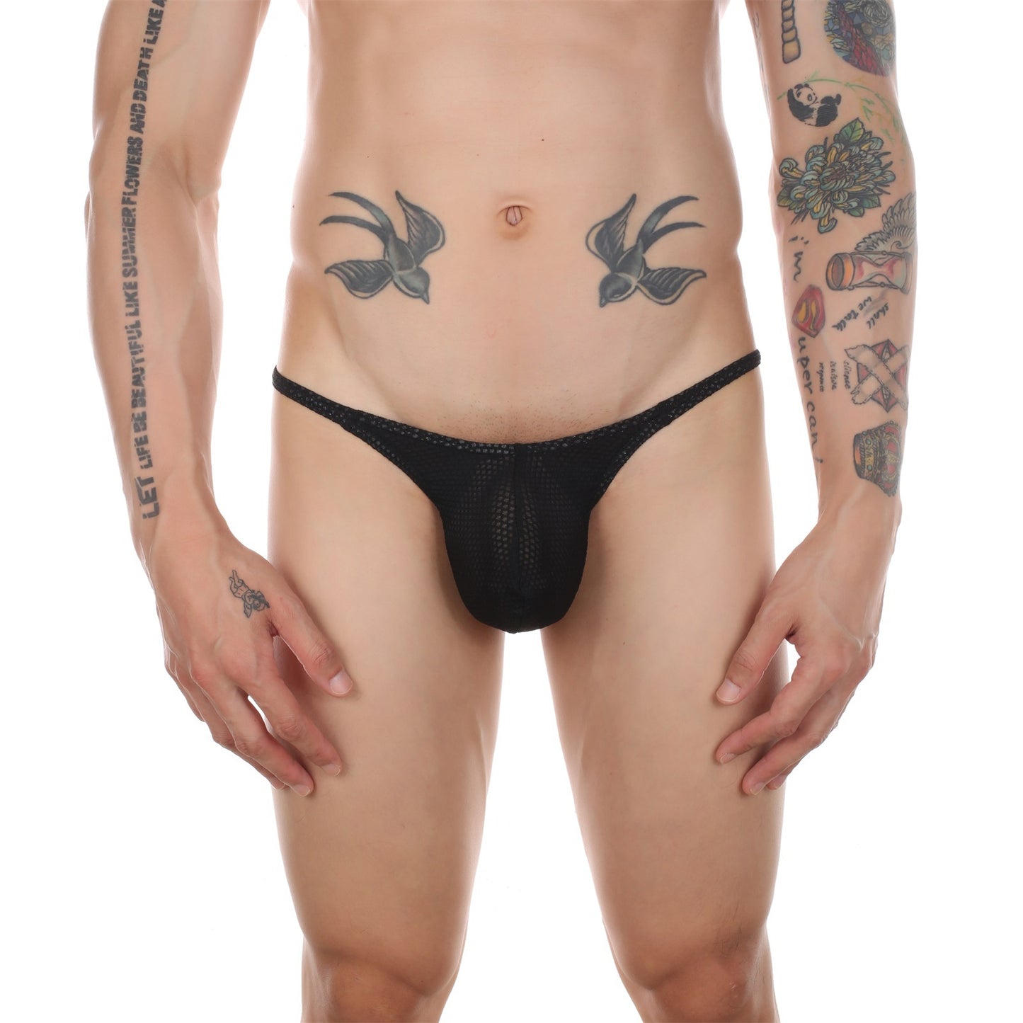 Black Men's Low-Rise Mesh Thong with Thin Waistband, Breathable Underwear