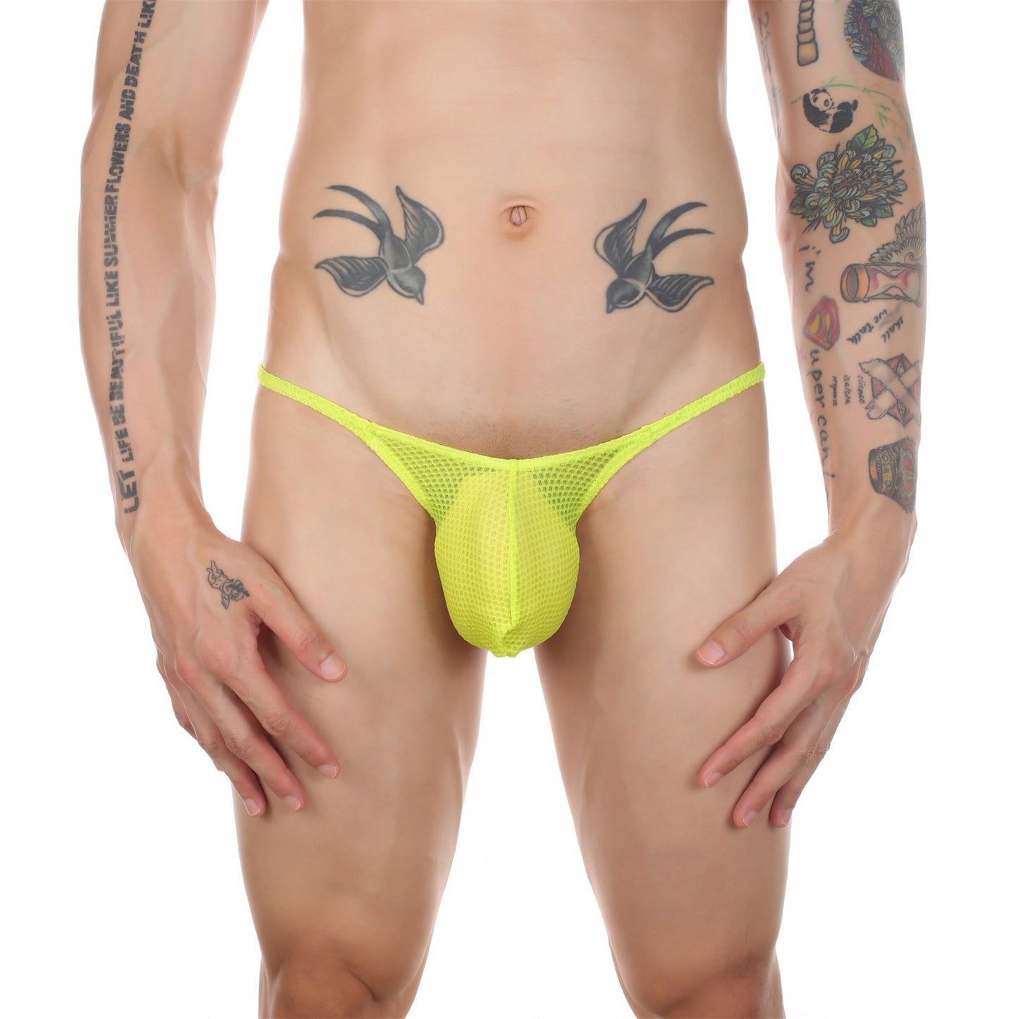 Yellow Men's Low-Rise Mesh Thong with Thin Waistband, Breathable Underwear