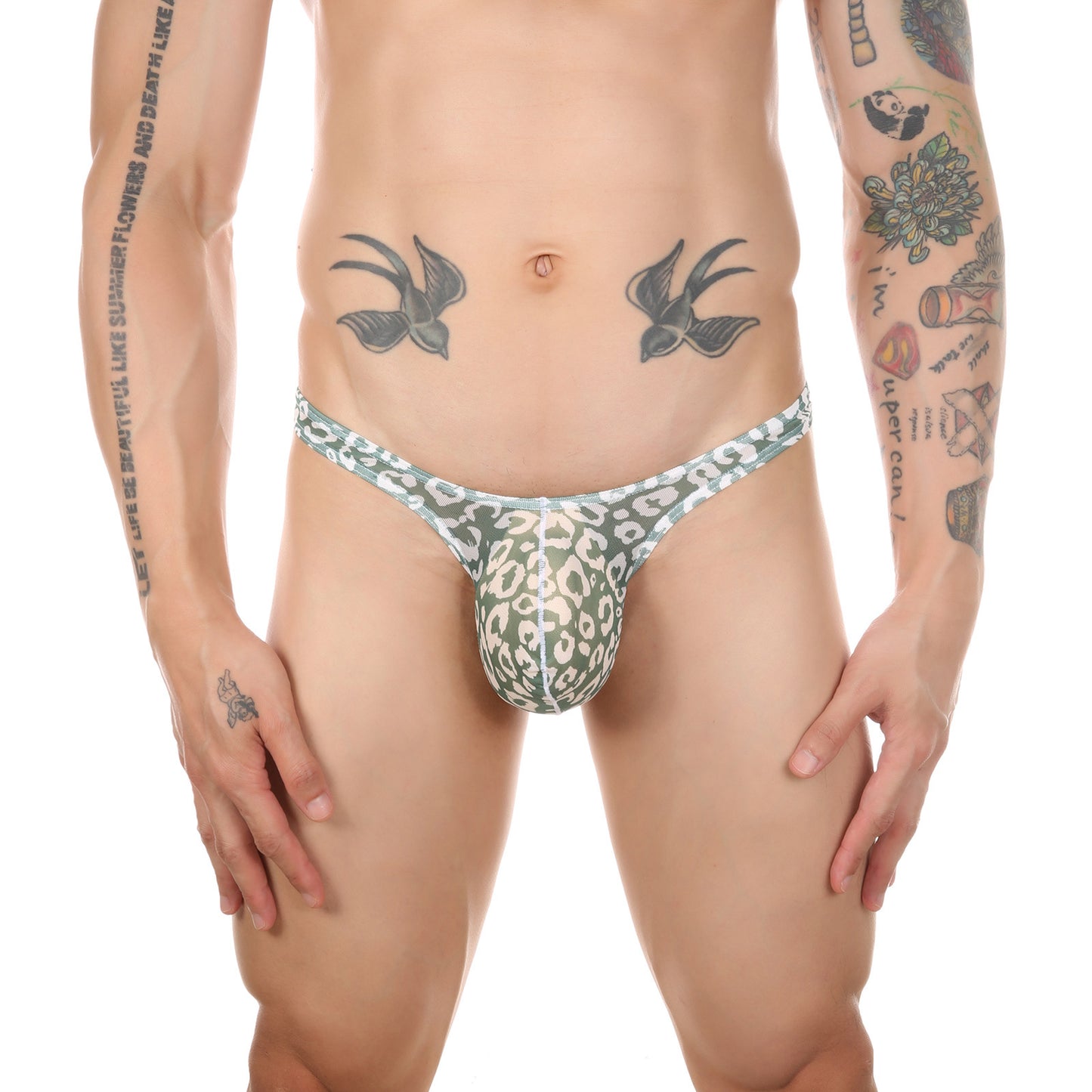 Green White Men's Low-Rise Sheer Mesh Leopard Print Thong, Breathable Underwear