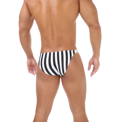 Black White Striped Men's Zebra Striped Low-Rise Briefs with Shiny Waistband, U-Pouch Underwear