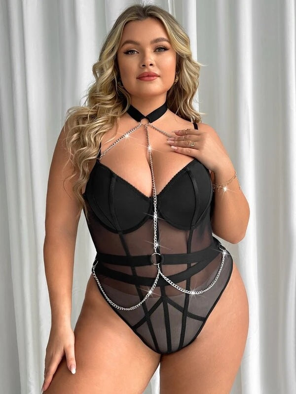 Black Plus Size Sexy Sheer Mesh Teddy Lingerie, Chain Detail Bodysuit for Women