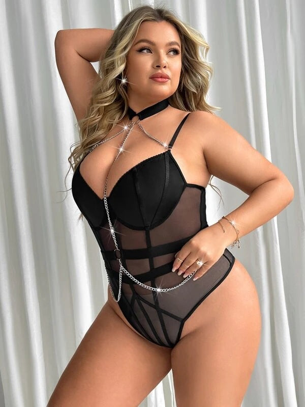 Black Plus Size Sexy Sheer Mesh Teddy Lingerie, Chain Detail Bodysuit for Women
