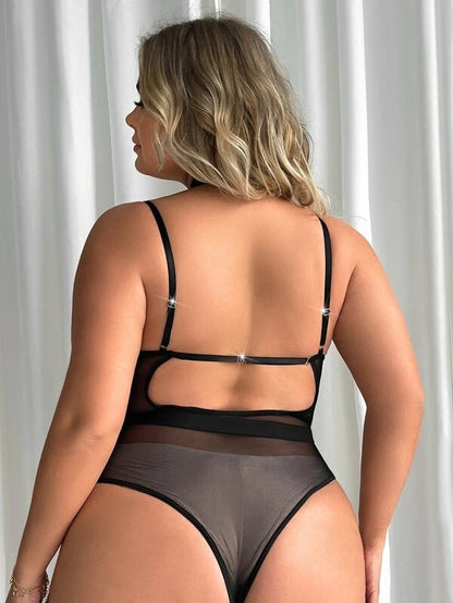 Black Plus Size Sexy Sheer Mesh Teddy Lingerie, Chain Detail Bodysuit for Women