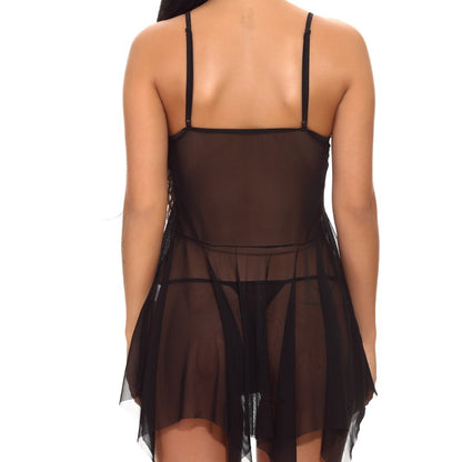 Black Sexy Deep V Lace Babydoll & G-string Set | Sheer Mesh Slit Sleepwear