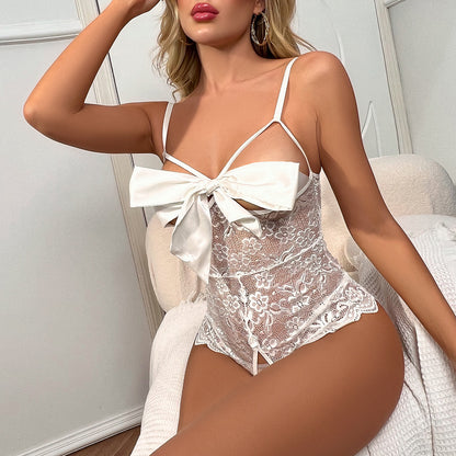 White Sexy Lace Bodysuit Lingerie, Big Bow Sheer Teddy Lingerie for Women
