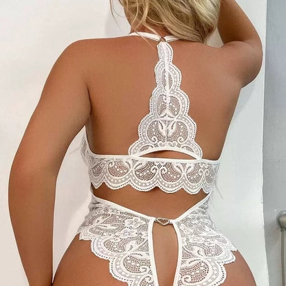 White Sexy Lace Bodysuit Lingerie, Deep V Halter Neck Sheer Teddy for Women