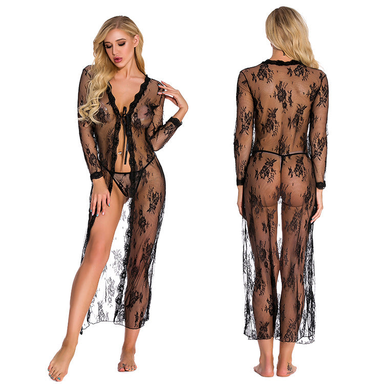 Black Sheer Lace Robe – Sexy Mesh Nightgown for Women