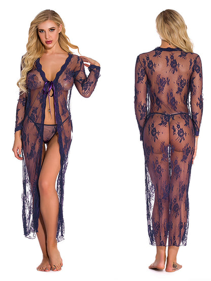Purple Sheer Lace Robe – Sexy Mesh Nightgown for Women