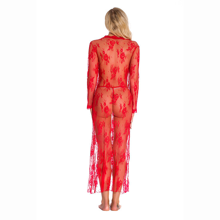 Red Sheer Lace Robe – Sexy Mesh Nightgown for Women