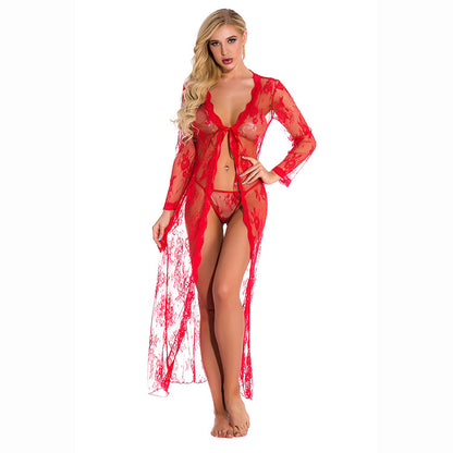 Red Sheer Lace Robe – Sexy Mesh Nightgown for Women