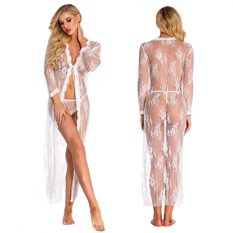 White Sheer Lace Robe – Sexy Mesh Nightgown for Women