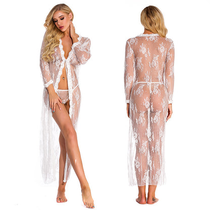 White Sheer Lace Robe – Sexy Mesh Nightgown for Women