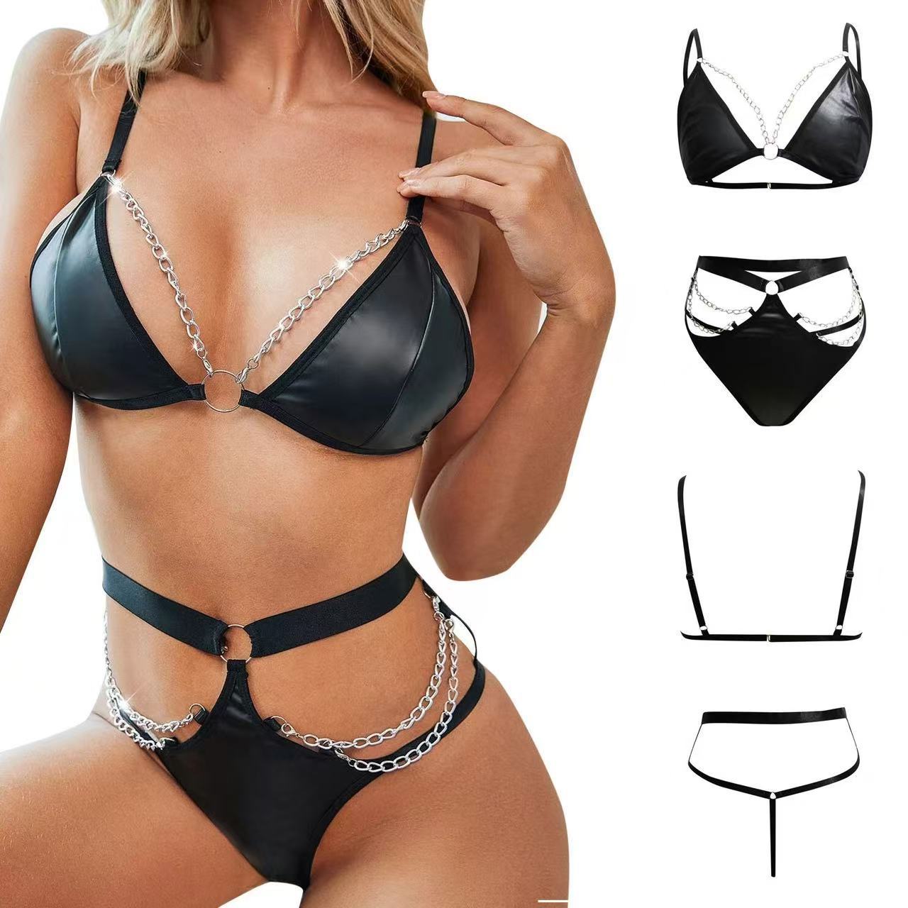 Black Women's Faux Leather Lingerie Set, Chain Detail Hollow Out 2 Piece Bikini