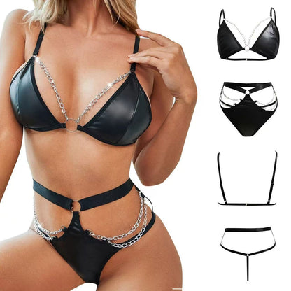 Black Women's Faux Leather Lingerie Set, Chain Detail Hollow Out 2 Piece Bikini