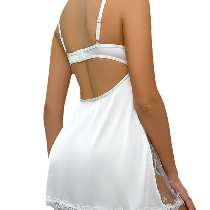 White Women's Floral Embroidery Lace Babydoll, Sheer Satin Lingerie Nightdress