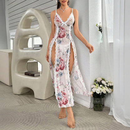 White Women's Floral Print Sheer Chiffon Nightgown, Lace Trim Spaghetti Strap Maxi Lingerie Dress