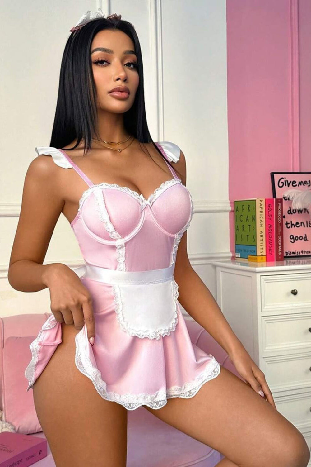 Pink Women's French Maid Lingerie Set, Seductive Apron Babydoll Dress with Panty, Cosplay Costume