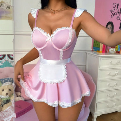 Pink Women's French Maid Lingerie Set, Seductive Apron Babydoll Dress with Panty, Cosplay Costume