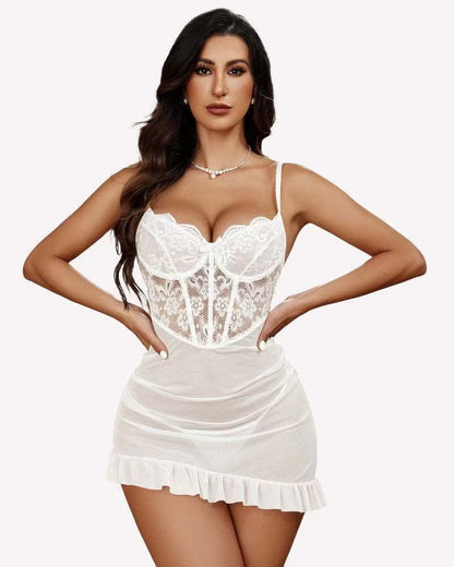 White Women's Lace Corset Lingerie Set, Sheer Mesh Ruffle Mini Dress with G-String