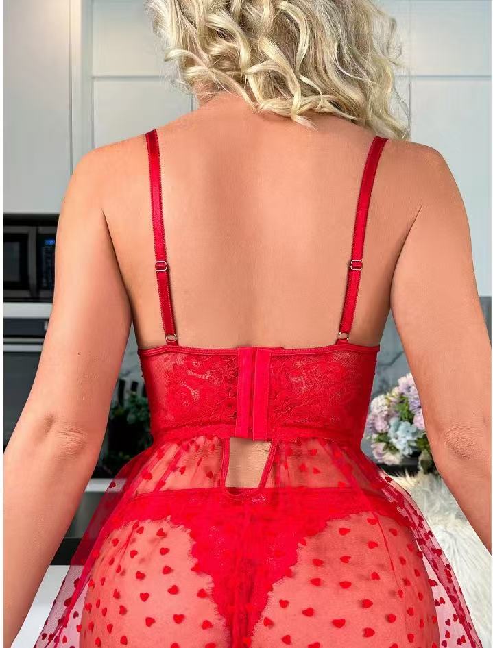 Red Women's Lace Babydoll Lingerie Set, Sheer Mesh Heart Print Garter Dress with G-String