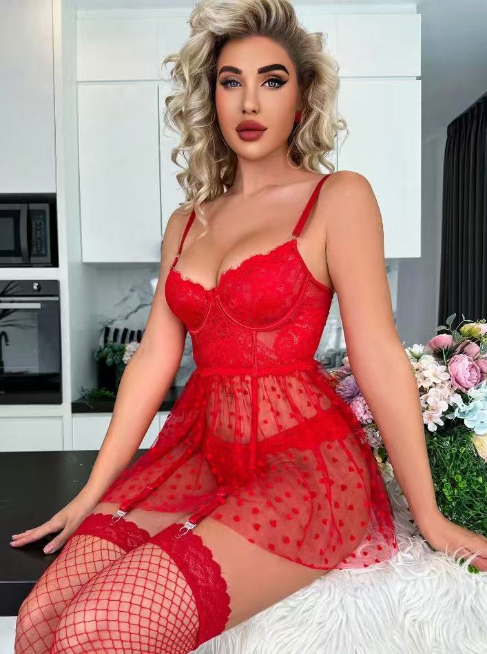 Red Women's Lace Babydoll Lingerie Set, Sheer Mesh Heart Print Garter Dress with G-String