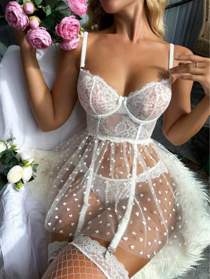 White Women's Lace Babydoll Lingerie Set, Sheer Mesh Heart Print Garter Dress with G-String