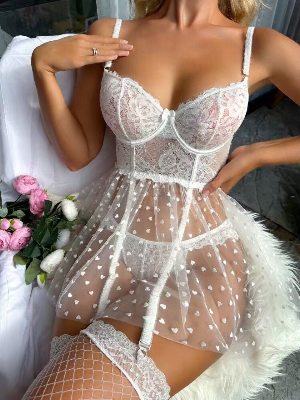 White Women's Lace Babydoll Lingerie Set, Sheer Mesh Heart Print Garter Dress with G-String