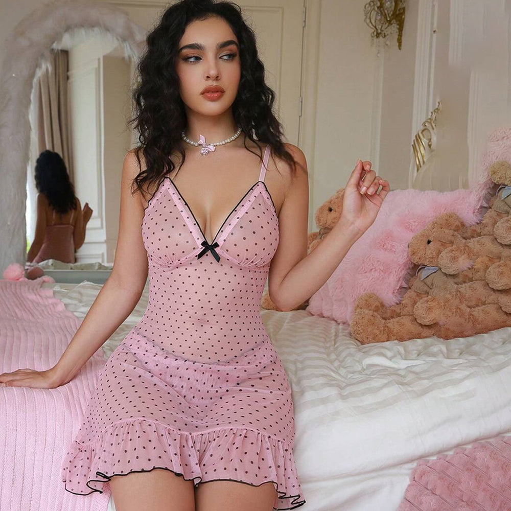 Pink Women's Polka Dot Sheer Mesh Halter Babydoll Dress, Seductive Backless Lingerie Nightgown