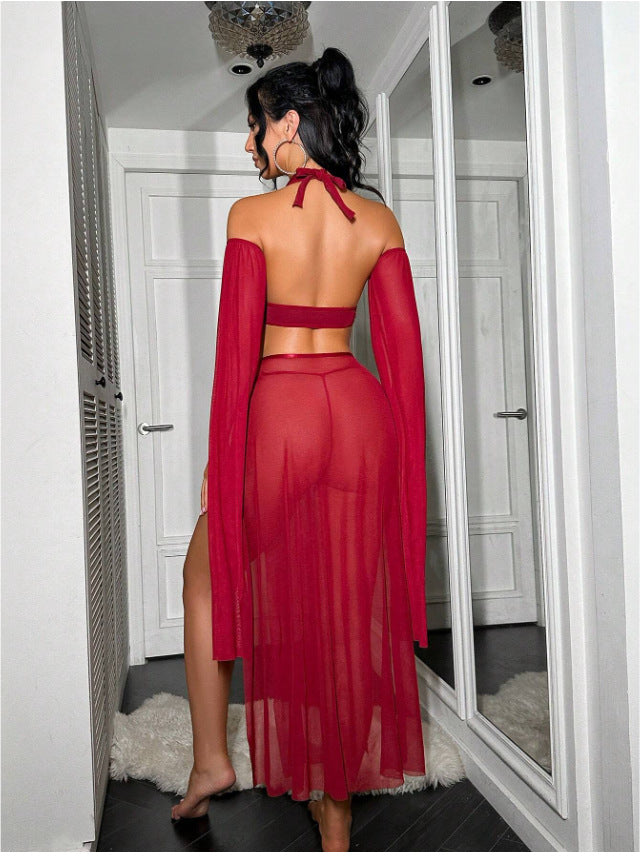 Red Women's Red Belly Dancer Cosplay Lingerie Set, Halter Bra & Sheer Maxi Skirt