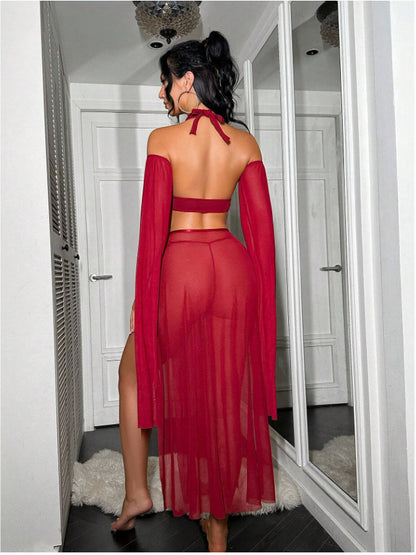 Red Women's Red Belly Dancer Cosplay Lingerie Set, Halter Bra & Sheer Maxi Skirt