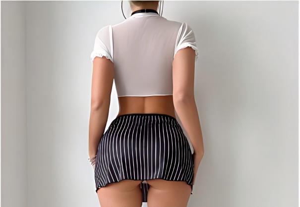 White Women's Secretary Cosplay Lingerie Set, White Cropped Top & Striped Skirt