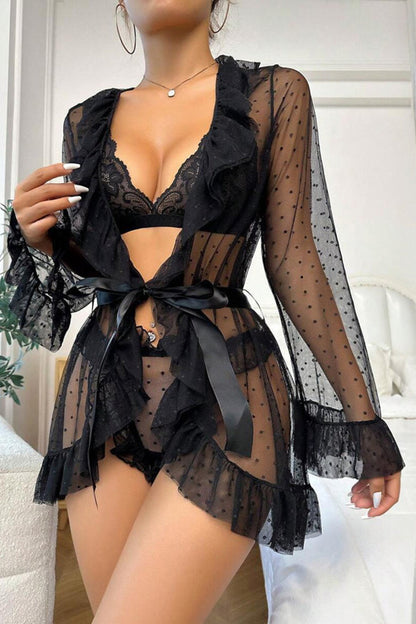 Black Women's Sheer Lace Lingerie Set, 3-Piece Babydoll Robe with Bralette & Panty