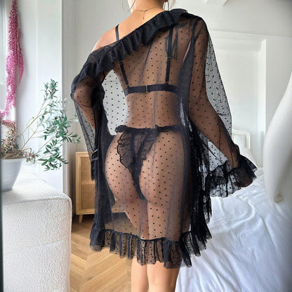 Black Women's Sheer Lace Lingerie Set, 3-Piece Babydoll Robe with Bralette & Panty