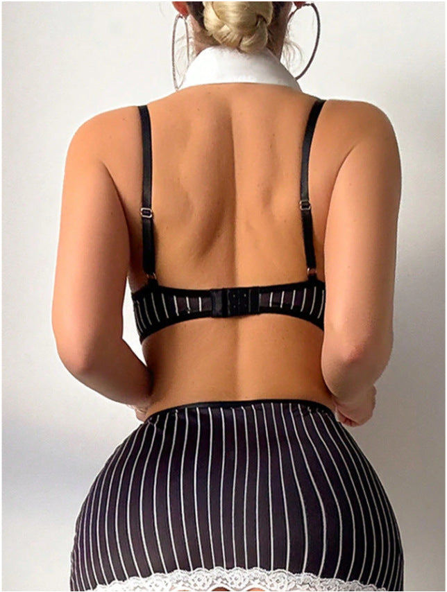 Black Women's Striped Secretary Cosplay Lingerie Set, Lace Bra & Lace-Up Skirt
