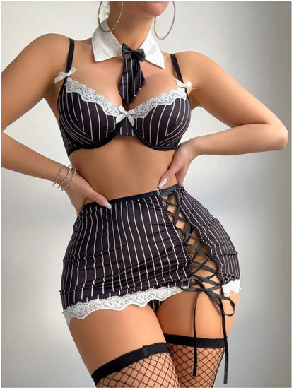 Black Women's Striped Secretary Cosplay Lingerie Set, Lace Bra & Lace-Up Skirt