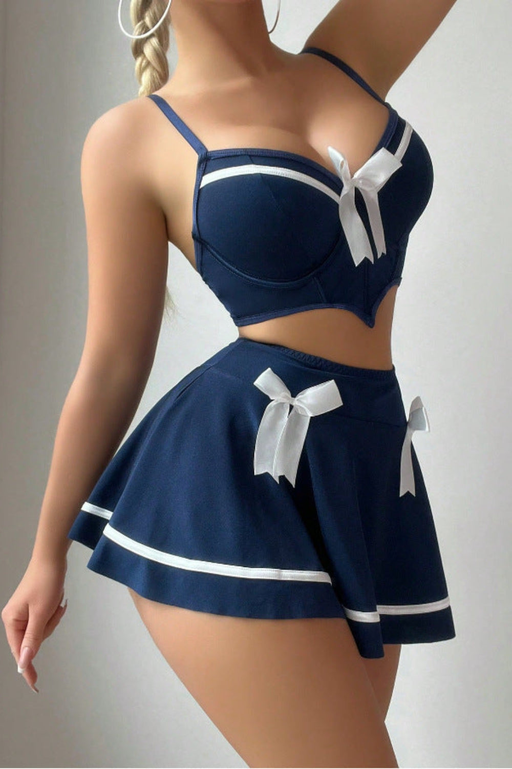 Women's blue sexy bow detail lingerie set, spaghetti strap crop top & flared mini skirt cosplay costume