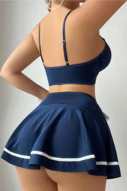 Women's blue sexy bow detail lingerie set, spaghetti strap crop top & flared mini skirt cosplay costume