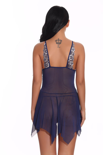 Women's darkblue sheer lace babydoll nightgown, sexy mesh sleepwear lingerie for women