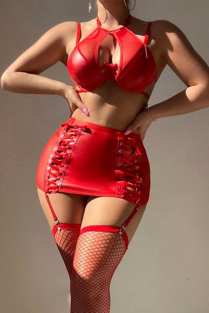 Women's red faux leather mesh lingerie set, 4-Piece Halter Top & Garter Skirt Teddy